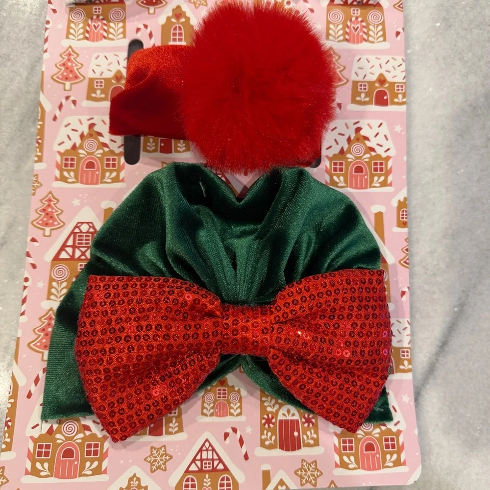 Baby Girl Festive‎ Christmas Hats with Bows & Pom Pom Headband Set of 3